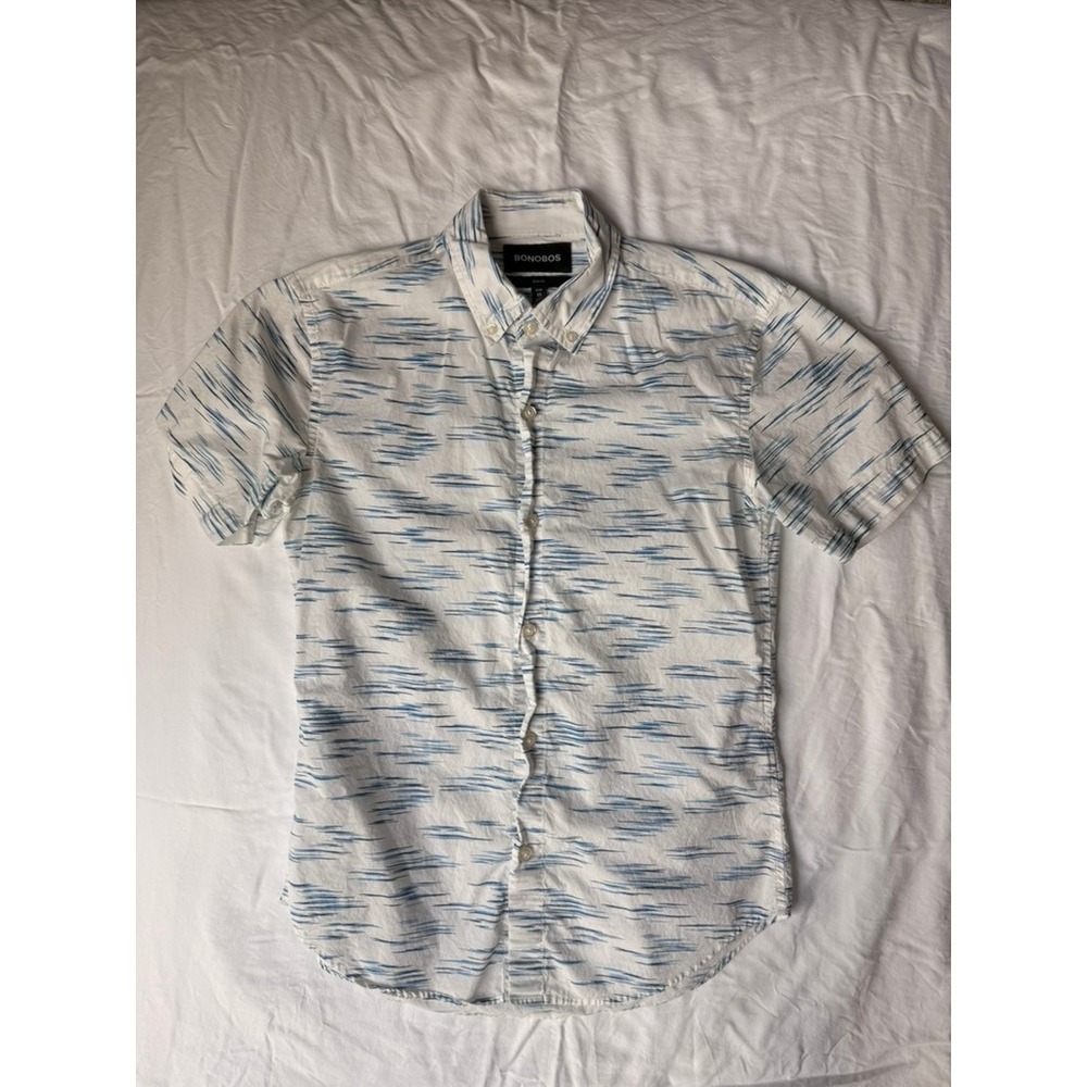 Bonobos Mens Slim Fit Short Sleeve Button Down Shirt XS White Blue Abstract
